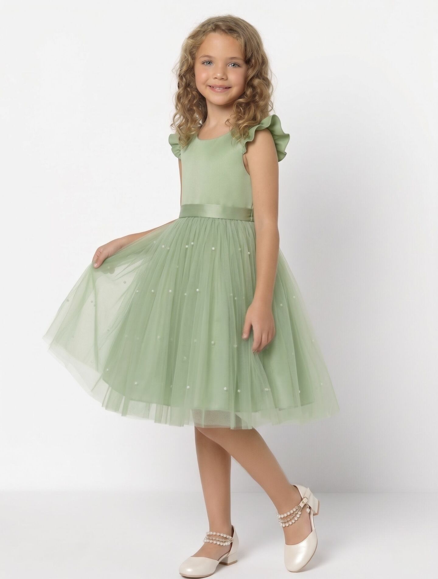 Jacqueline Sage Green Flutter Sleeve Pearl Tulle Bridesmaid Dress | Lucys