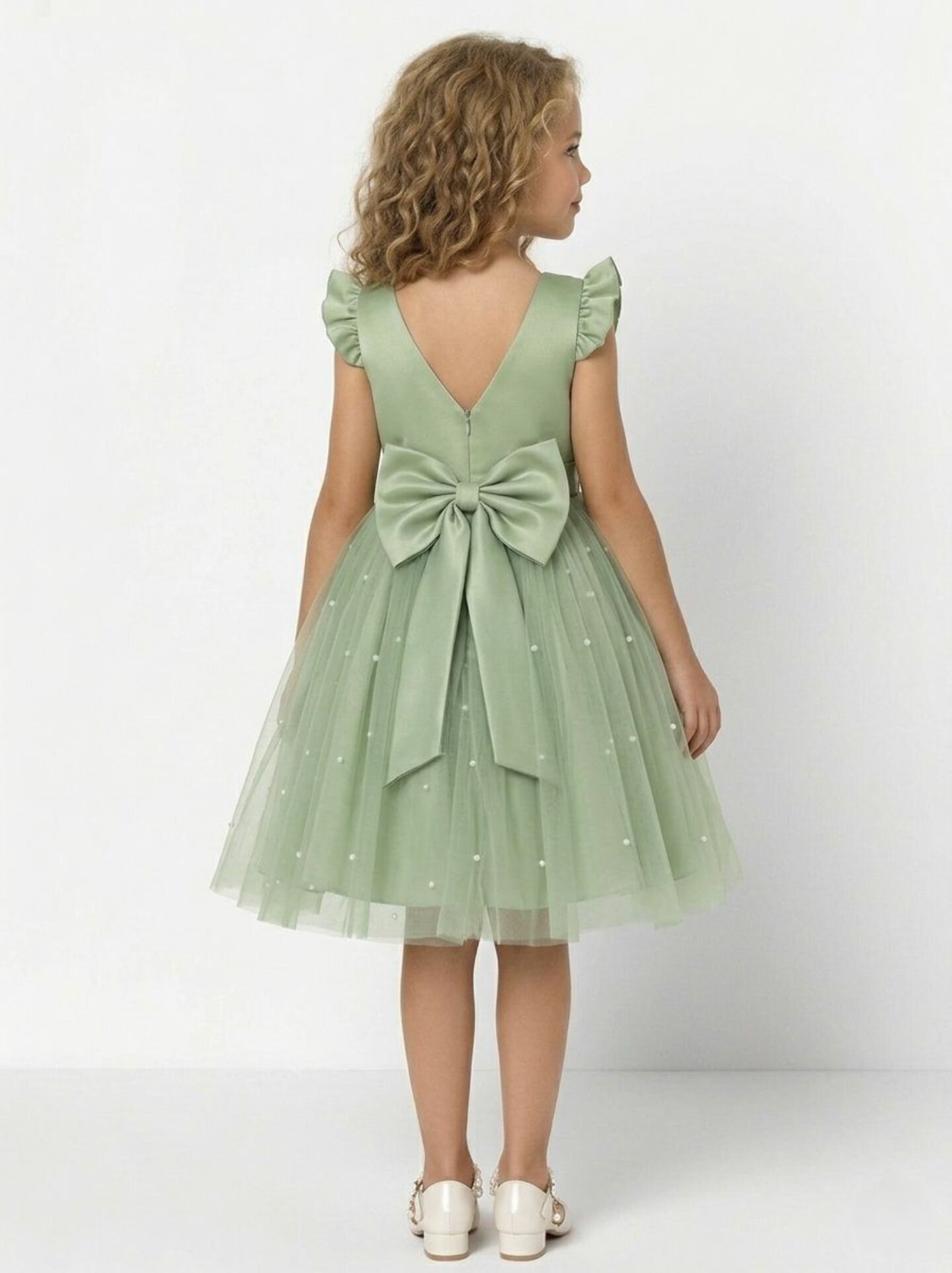 Jacqueline Sage Green Flutter Sleeve Pearl Tulle Bridesmaid Dress | Lucys