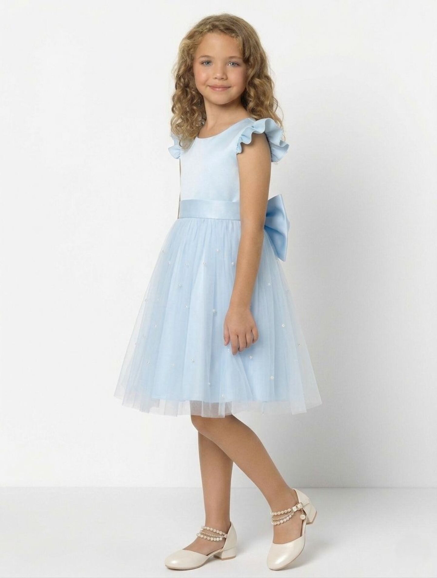 Jacqueline Light Blue Flutter Sleeve Pearl Tulle Flower Girl Dress | Lucys