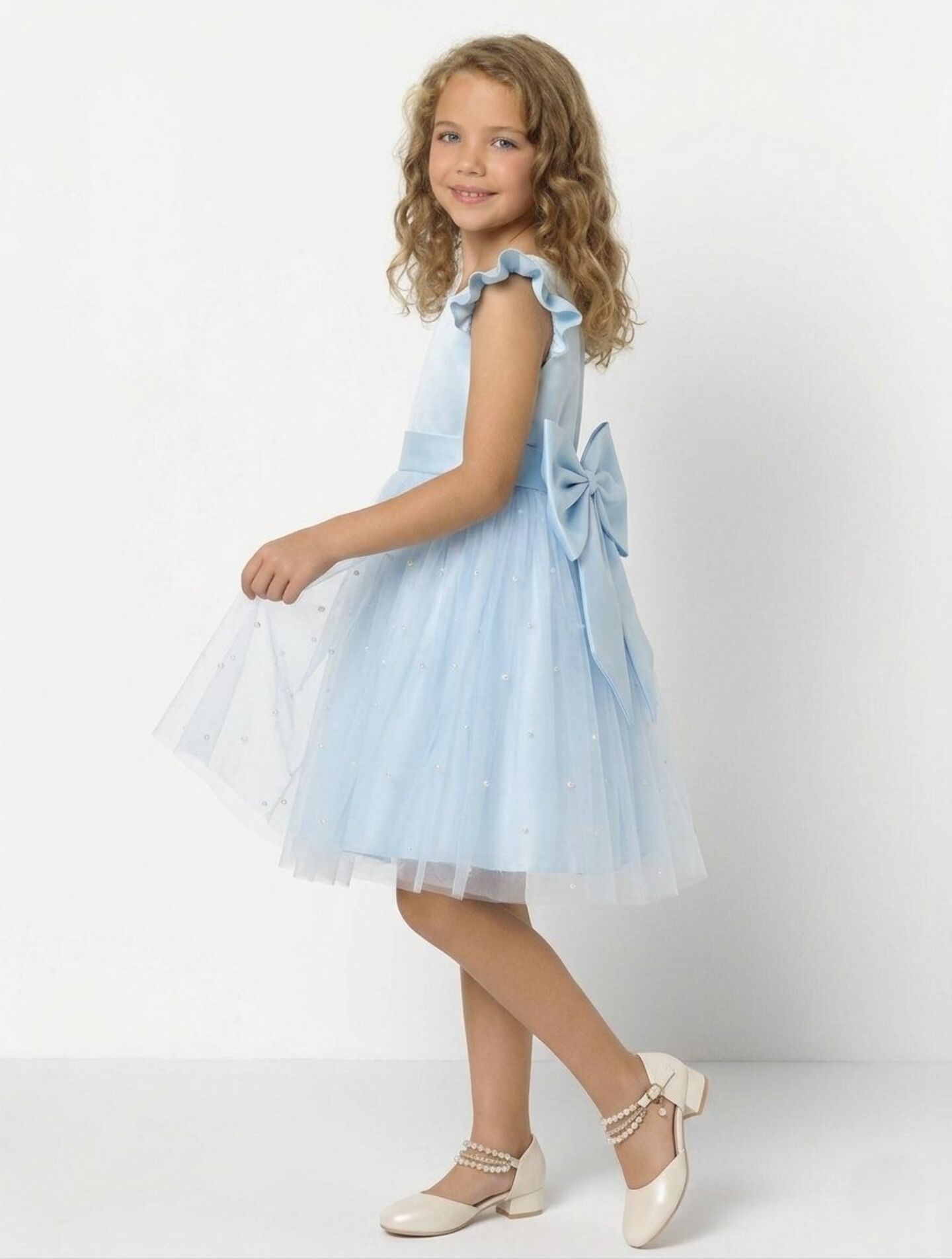 Jacqueline Light Blue Flutter Sleeve Pearl Tulle Flower Girl Dress | Lucys