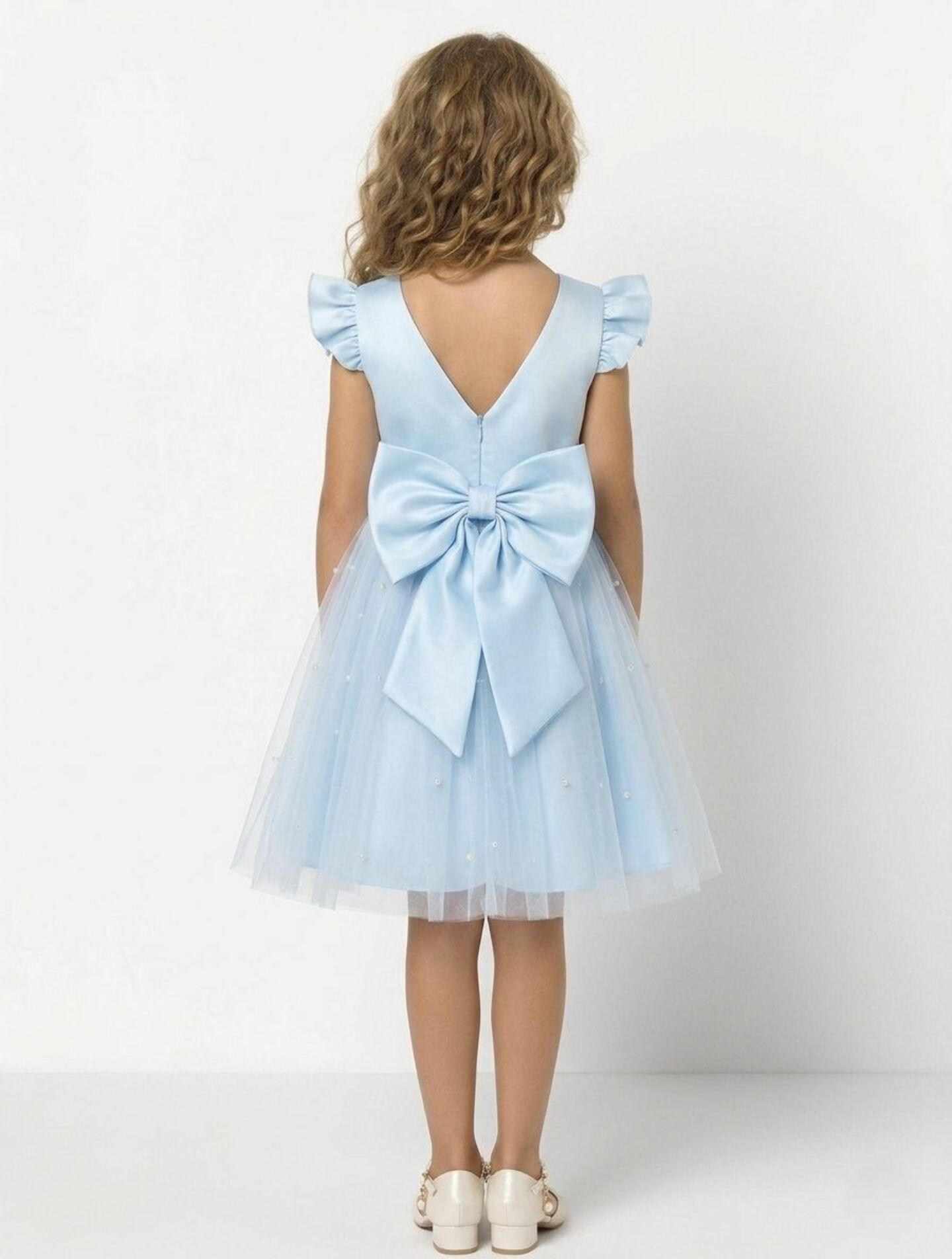 Jacqueline Light Blue Flutter Sleeve Pearl Tulle Flower Girl Dress | Lucys