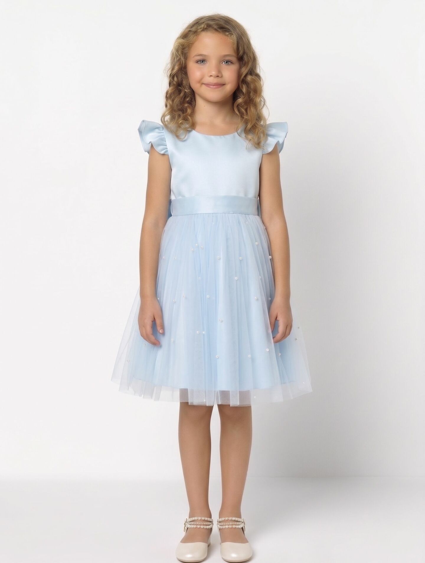 Jacqueline Light Blue Flutter Sleeve Pearl Tulle Flower Girl Dress | Lucys