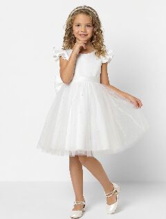 Jacqueline White Pearl Tulle Communion & Flower Girl Dress | Lucys