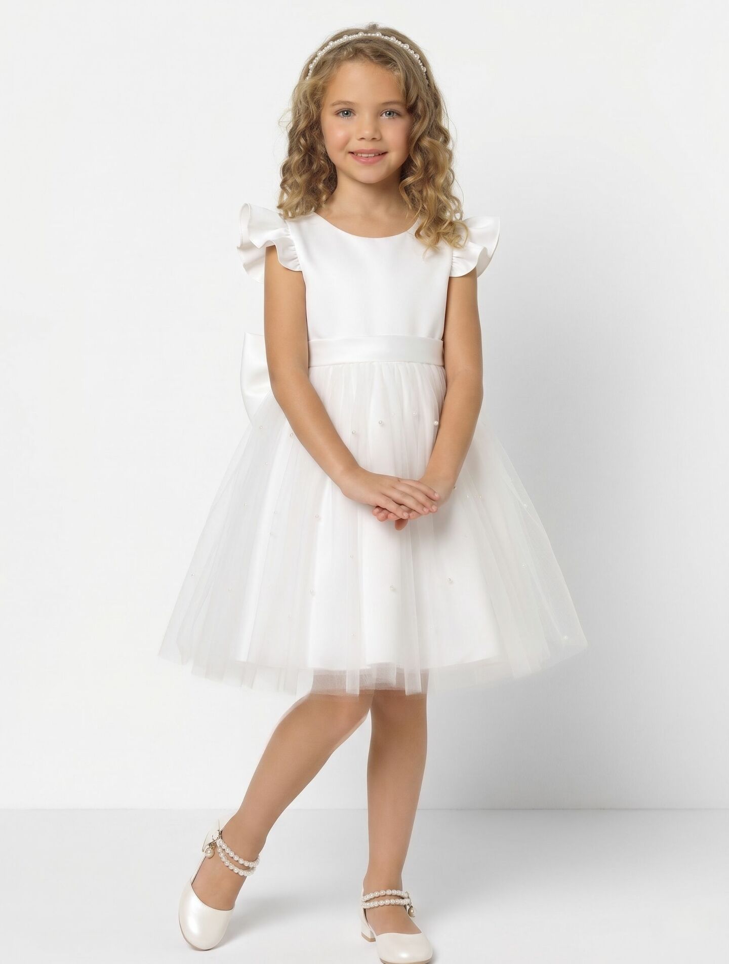 Jacqueline White Pearl Tulle Communion & Flower Girl Dress | Lucys