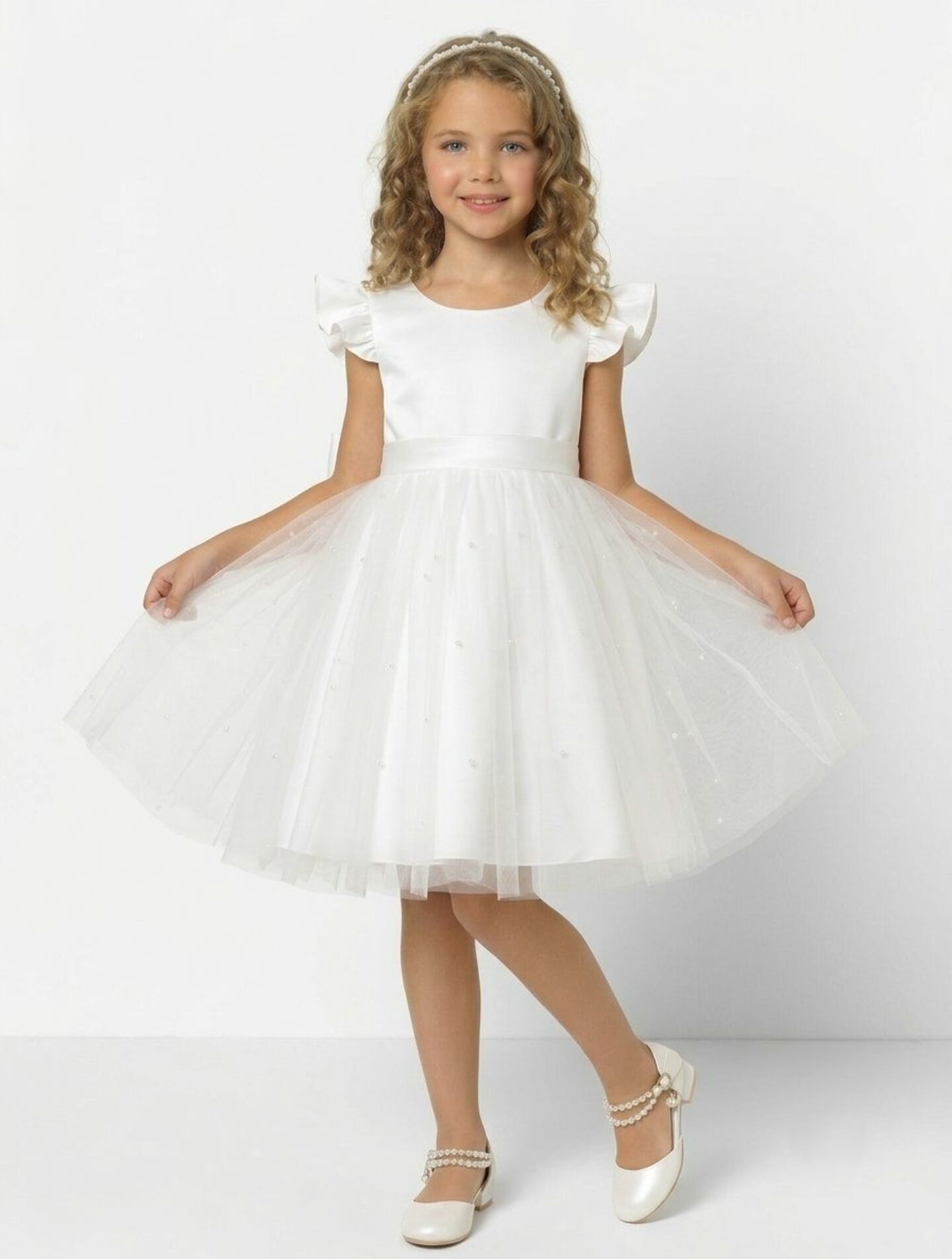 Jacqueline White Pearl Tulle Communion & Flower Girl Dress | Lucys