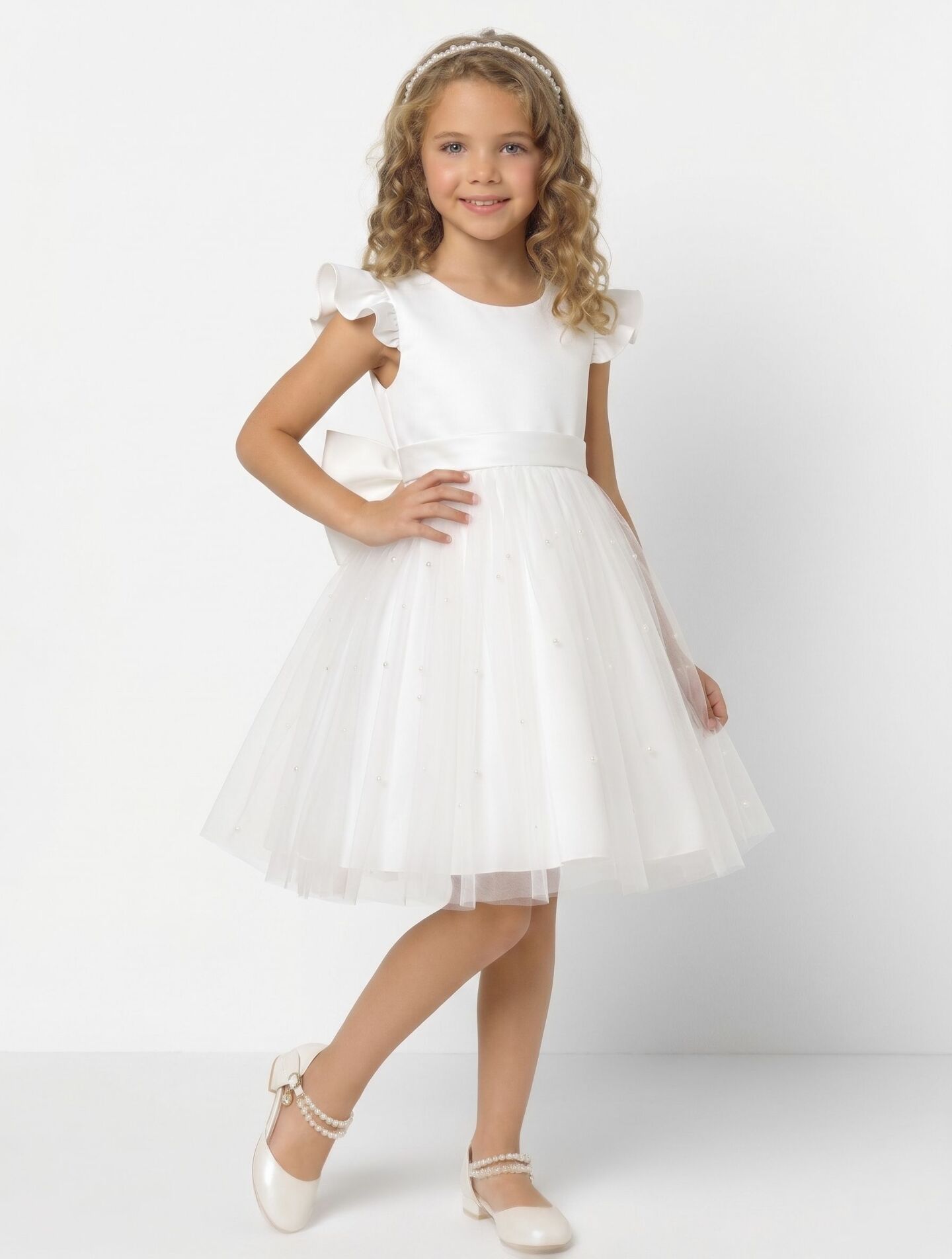 Jacqueline White Pearl Tulle Communion & Flower Girl Dress | Lucys