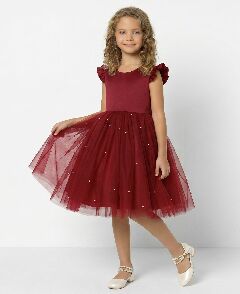 Jacqueline Burgundy Flutter Sleeve Pearl Tulle Girls Party Dress | Lucys