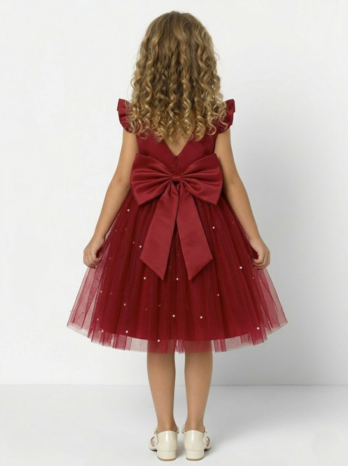 Jacqueline Burgundy Flutter Sleeve Pearl Tulle Girls Party Dress | Lucys