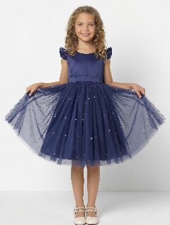 Jacqueline Navy Blue Flutter Sleeve Pearl Tulle Bridesmaid Dress | Lucys