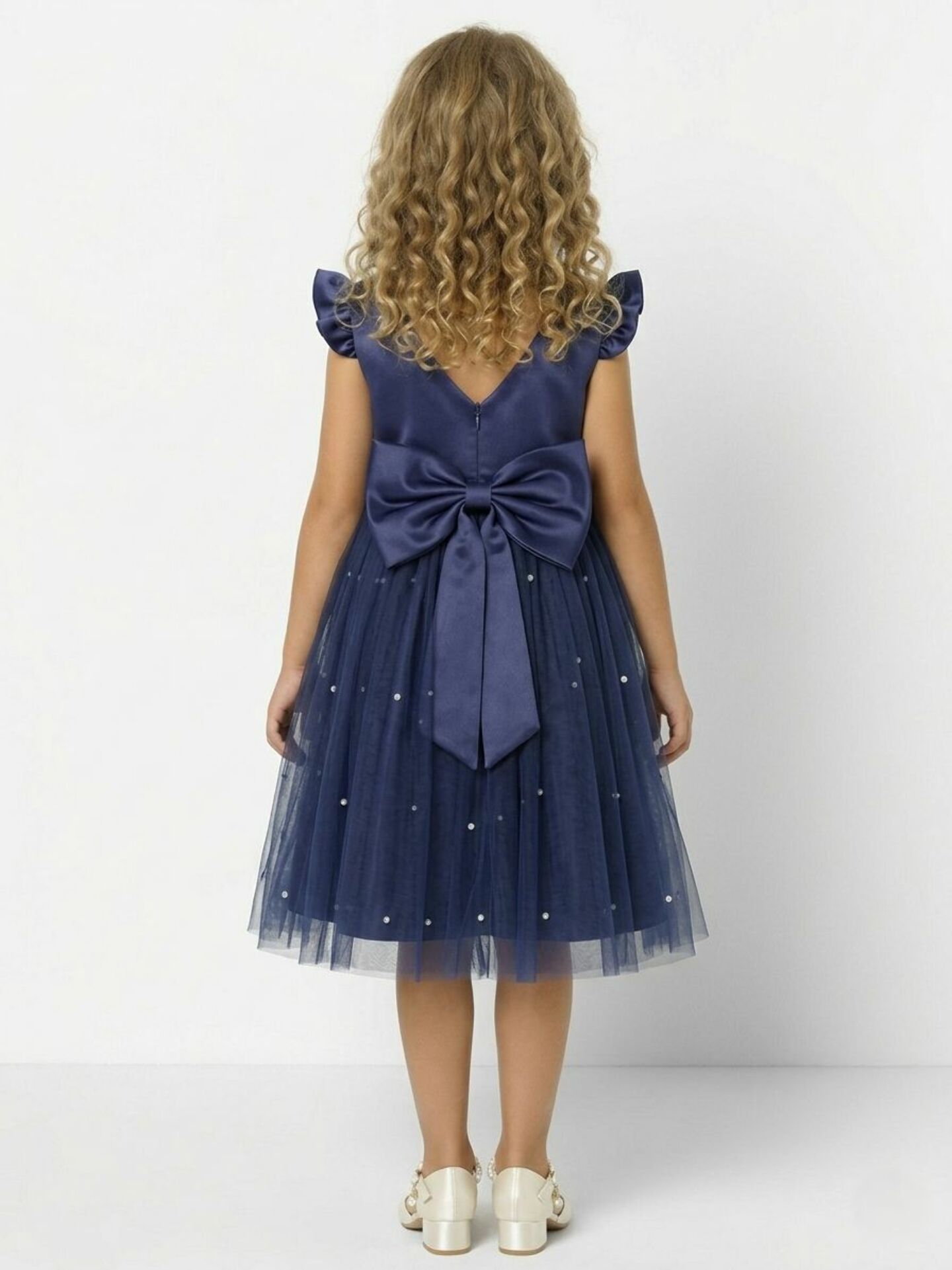 Jacqueline Navy Blue Flutter Sleeve Pearl Tulle Bridesmaid Dress | Lucys
