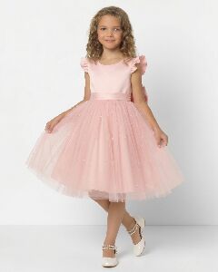 Jacqueline Peach Flutter Sleeve Pearl Tulle Flower Girl Dress | Lucys