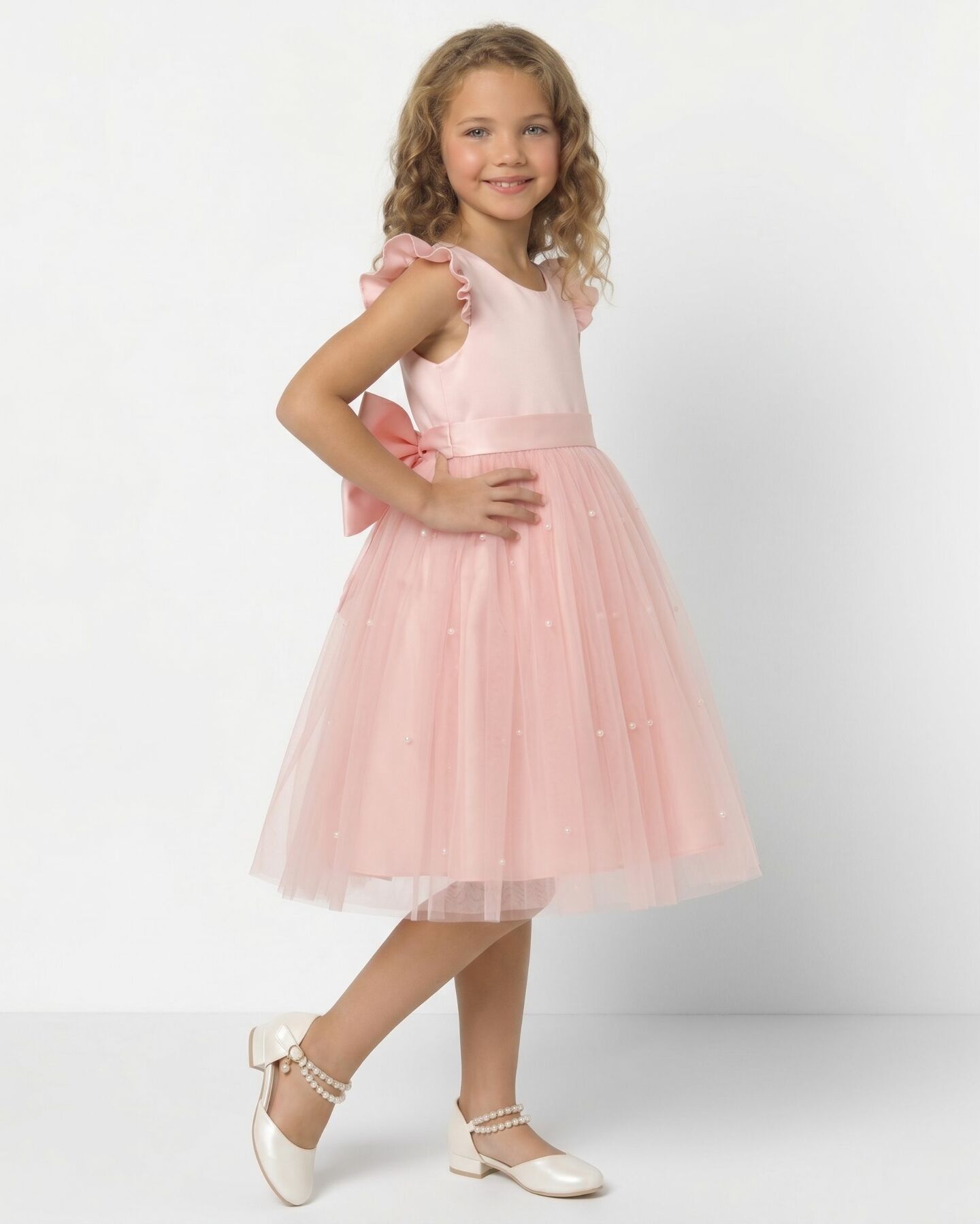 Jacqueline Peach Flutter Sleeve Pearl Tulle Flower Girl Dress | Lucys