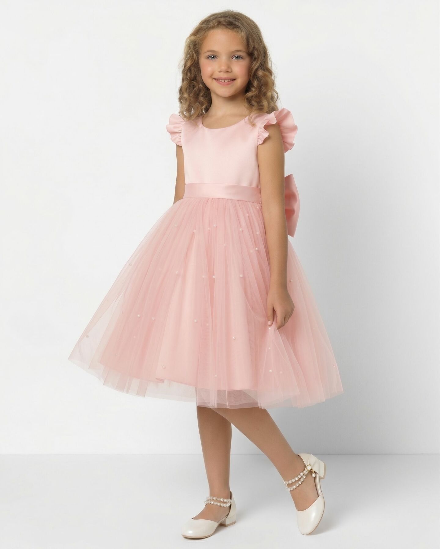 Jacqueline Peach Flutter Sleeve Pearl Tulle Flower Girl Dress | Lucys