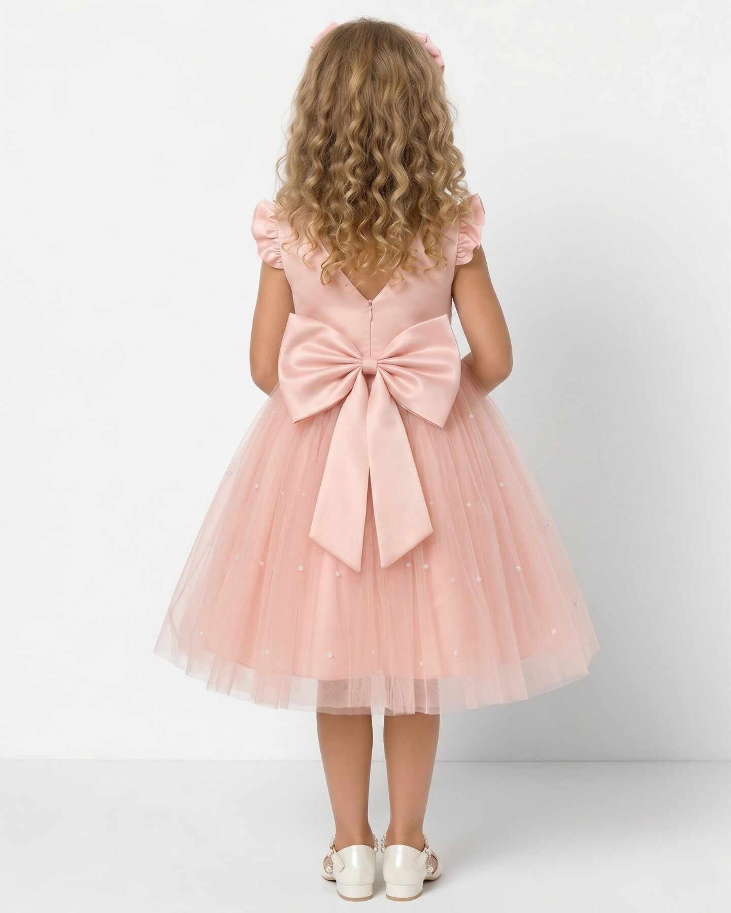 Jacqueline Peach Flutter Sleeve Pearl Tulle Flower Girl Dress | Lucys