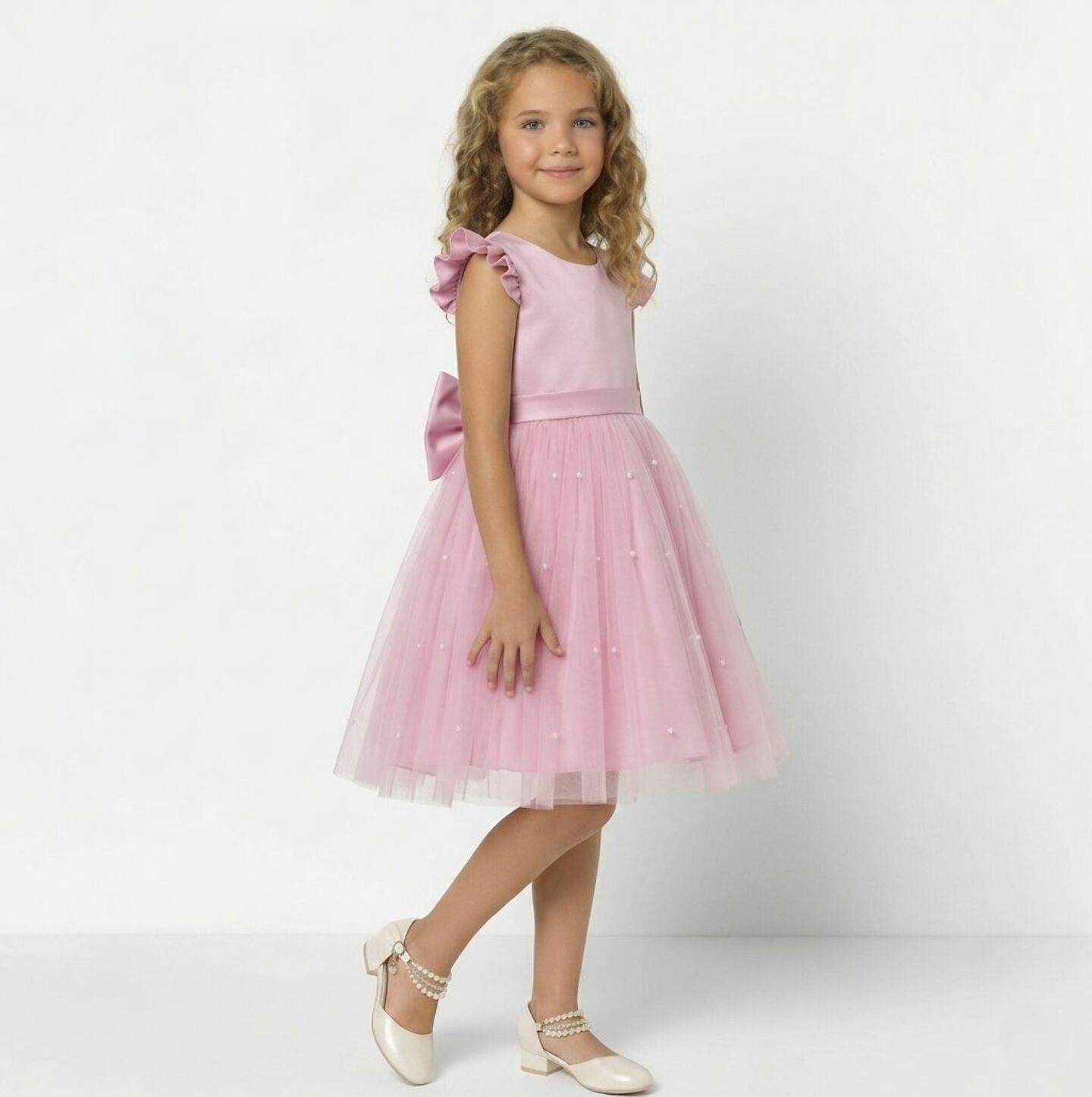 Jacqueline Pink Flutter Sleeve Pearl Tulle Girls Party Dress | Lucys