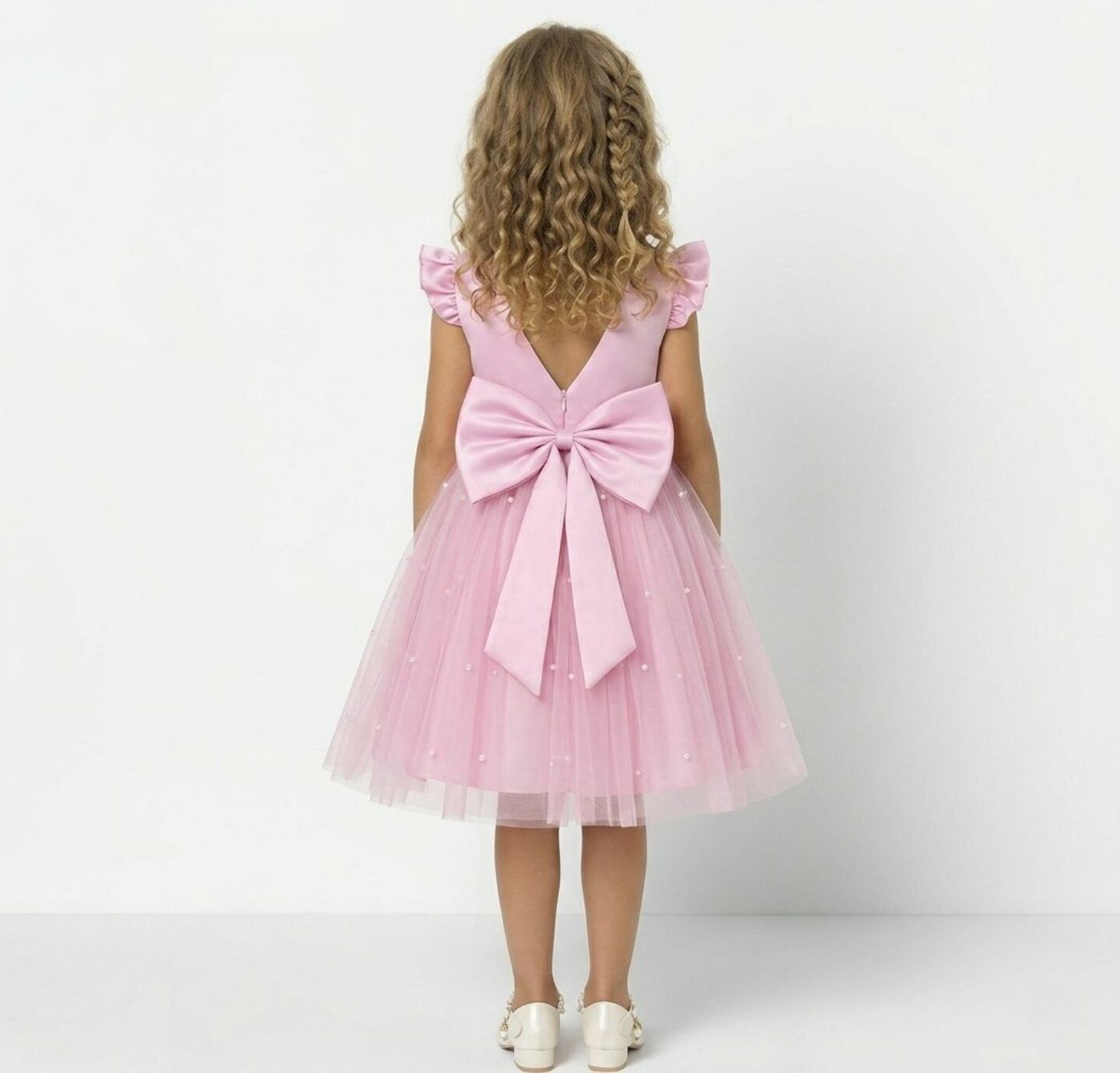 Jacqueline Pink Flutter Sleeve Pearl Tulle Girls Party Dress | Lucys