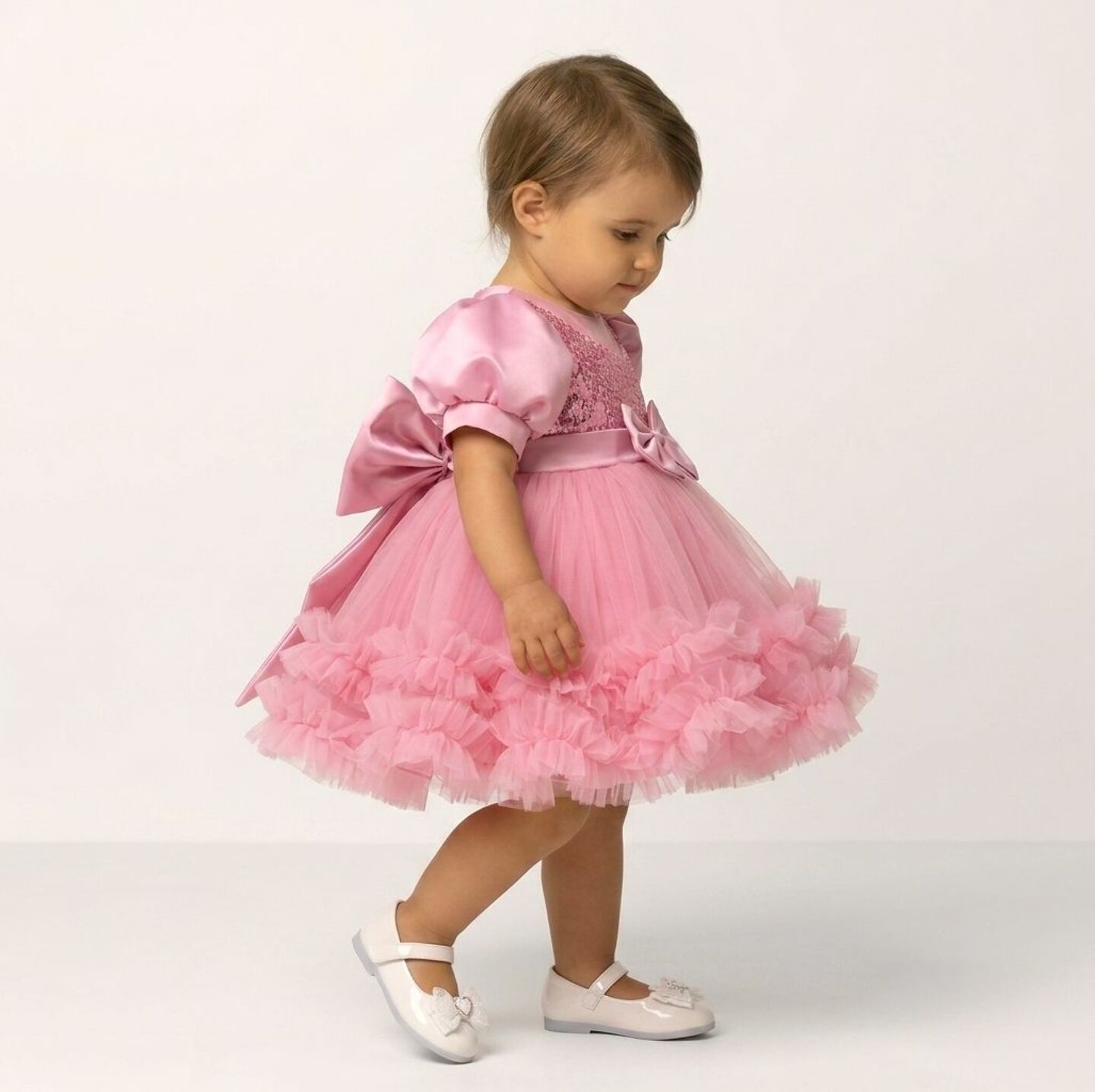JoJo Dusty Pink Sequin Puff Sleeve Ruffle Tulle Baby Party Dress | Lucys