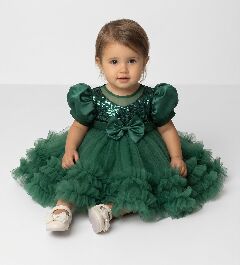 JoJo Emerald Green Sequin Puff Sleeve Ruffle Tulle Baby Party Dress | Lucys
