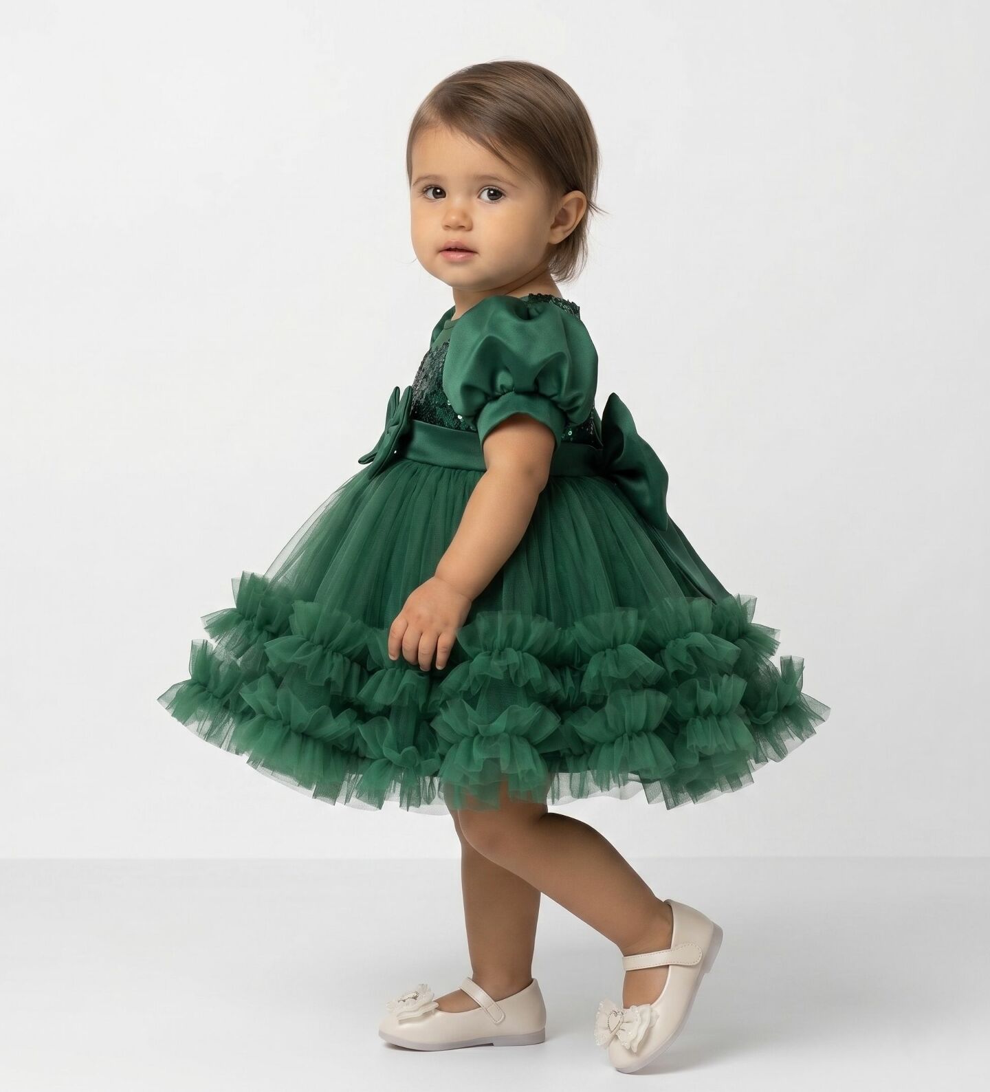JoJo Emerald Green Sequin Puff Sleeve Ruffle Tulle Baby Party Dress | Lucys