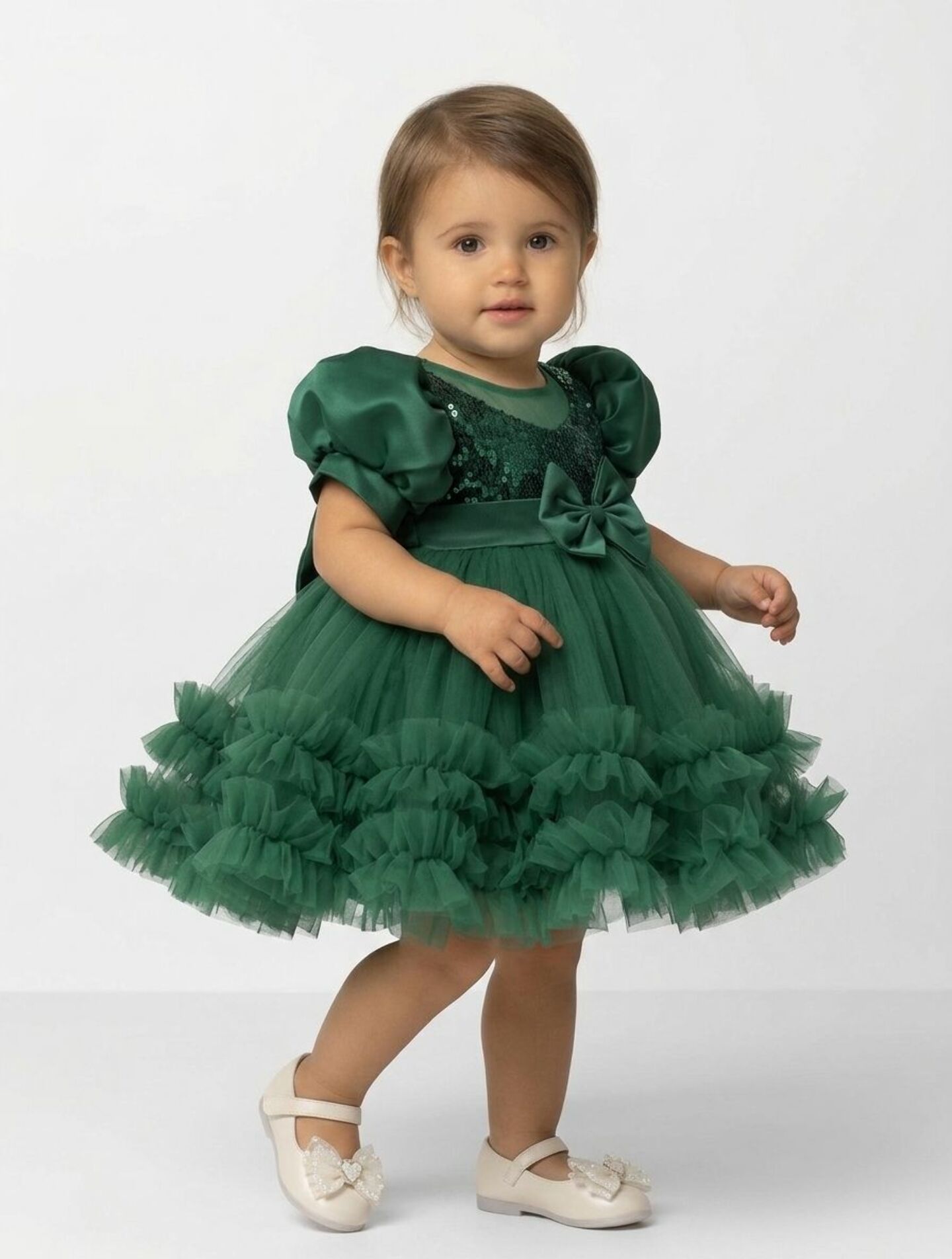 JoJo Emerald Green Sequin Puff Sleeve Ruffle Tulle Baby Party Dress | Lucys