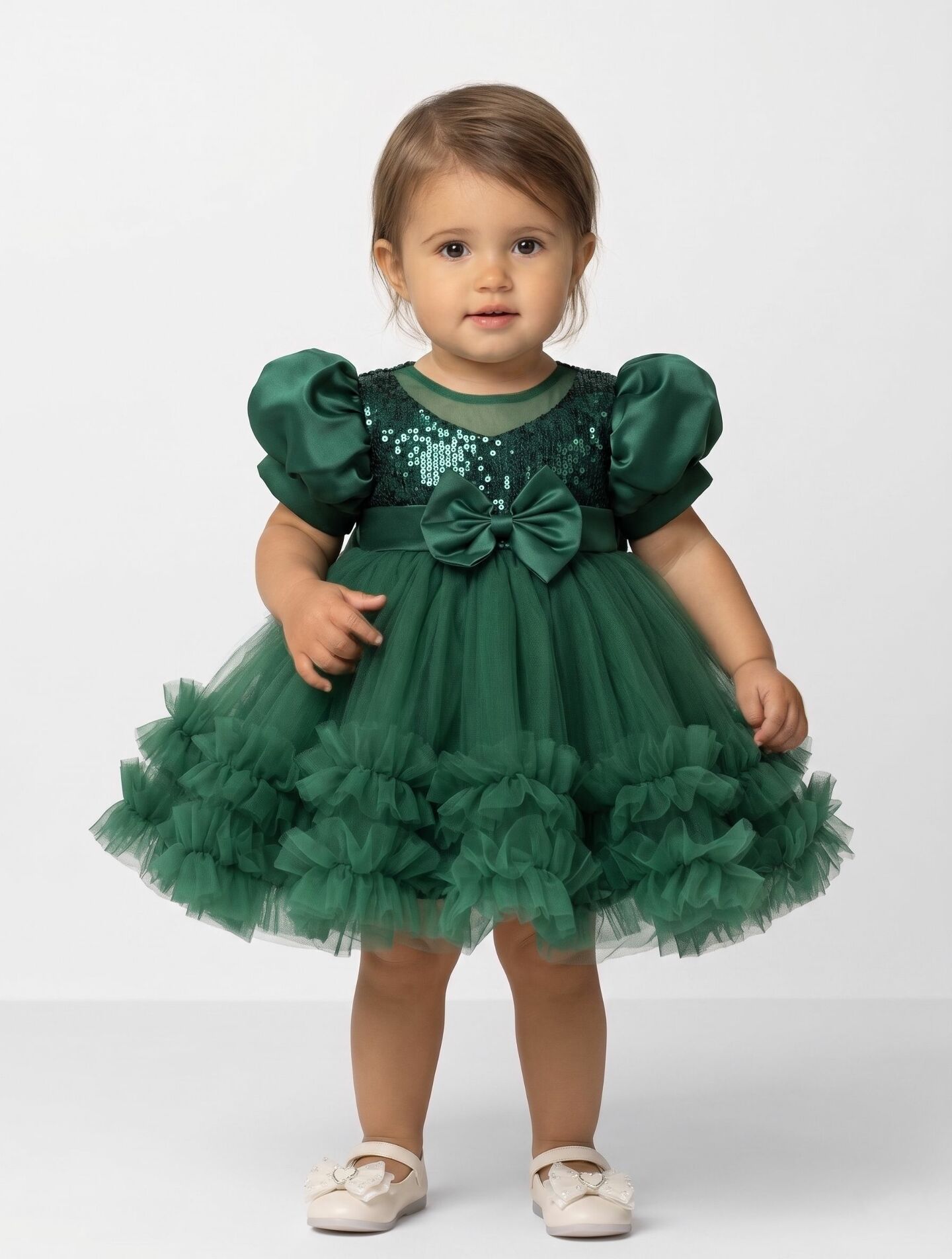 JoJo Emerald Green Sequin Puff Sleeve Ruffle Tulle Baby Party Dress | Lucys