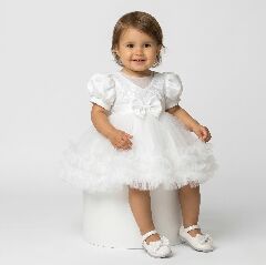 JoJo White Sequin Puff Sleeve Ruffle Tulle Baby Christening Dress | Lucys