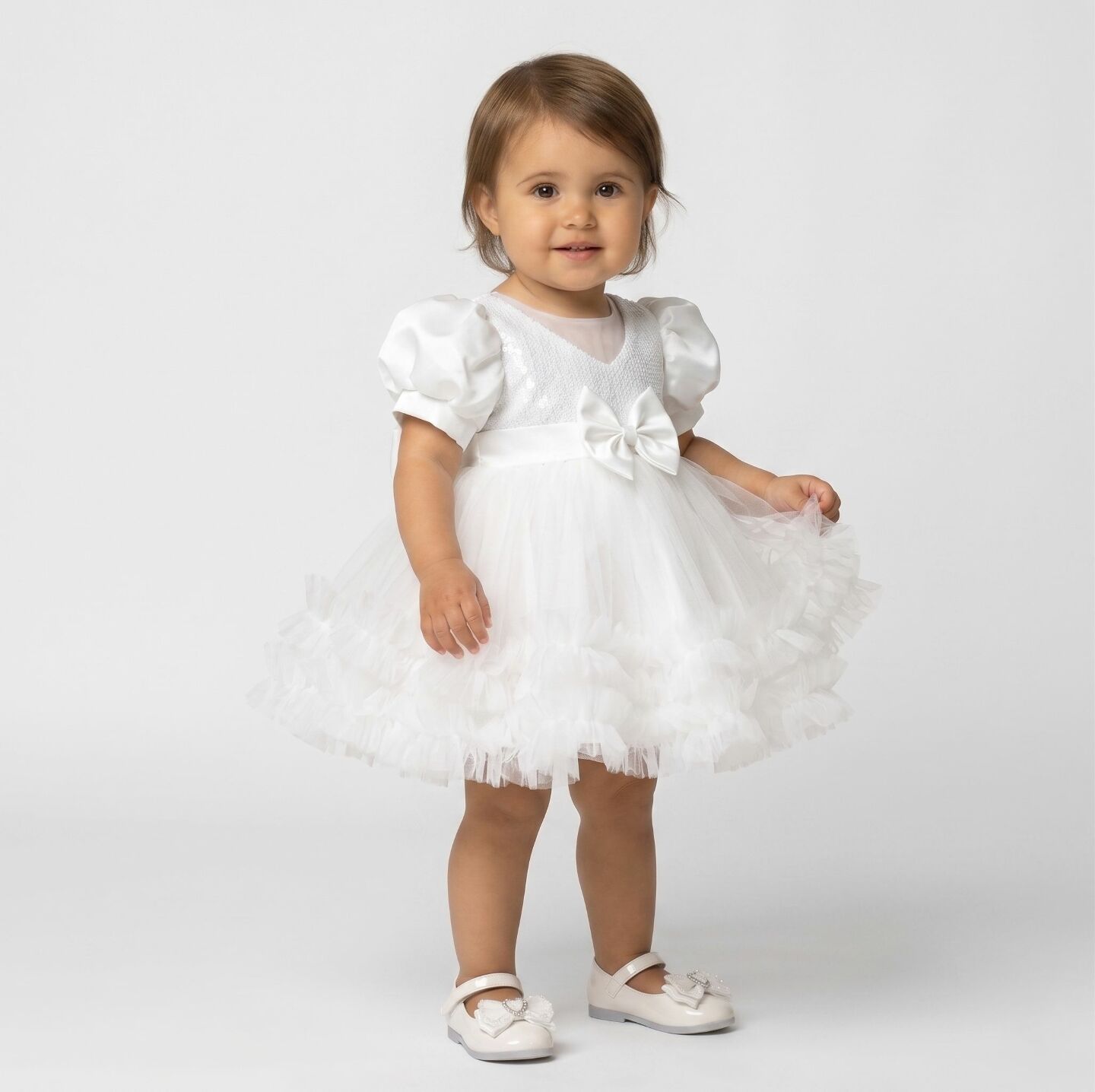 JoJo White Sequin Puff Sleeve Ruffle Tulle Baby Christening Dress | Lucys
