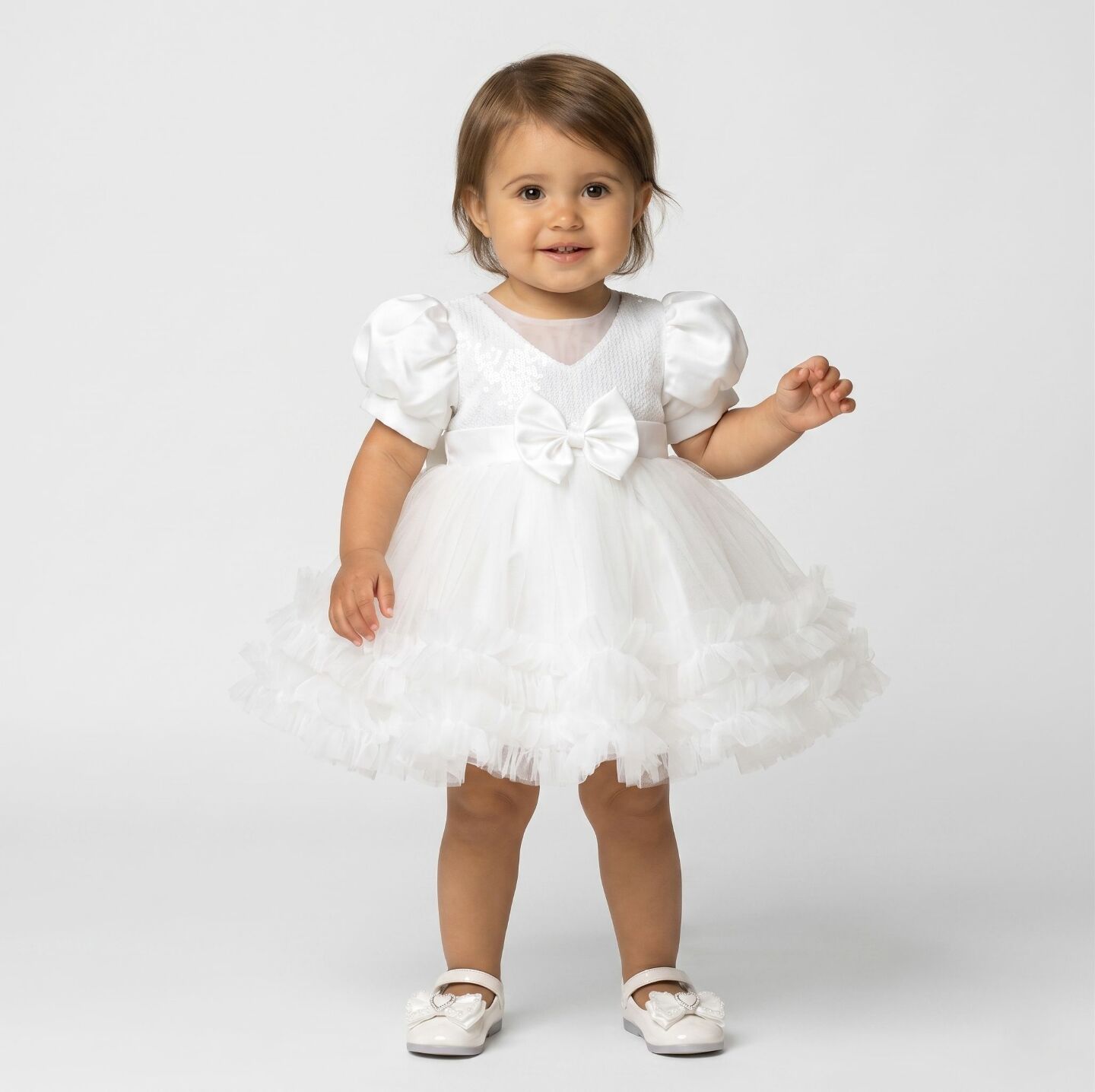 JoJo White Sequin Puff Sleeve Ruffle Tulle Baby Christening Dress | Lucys