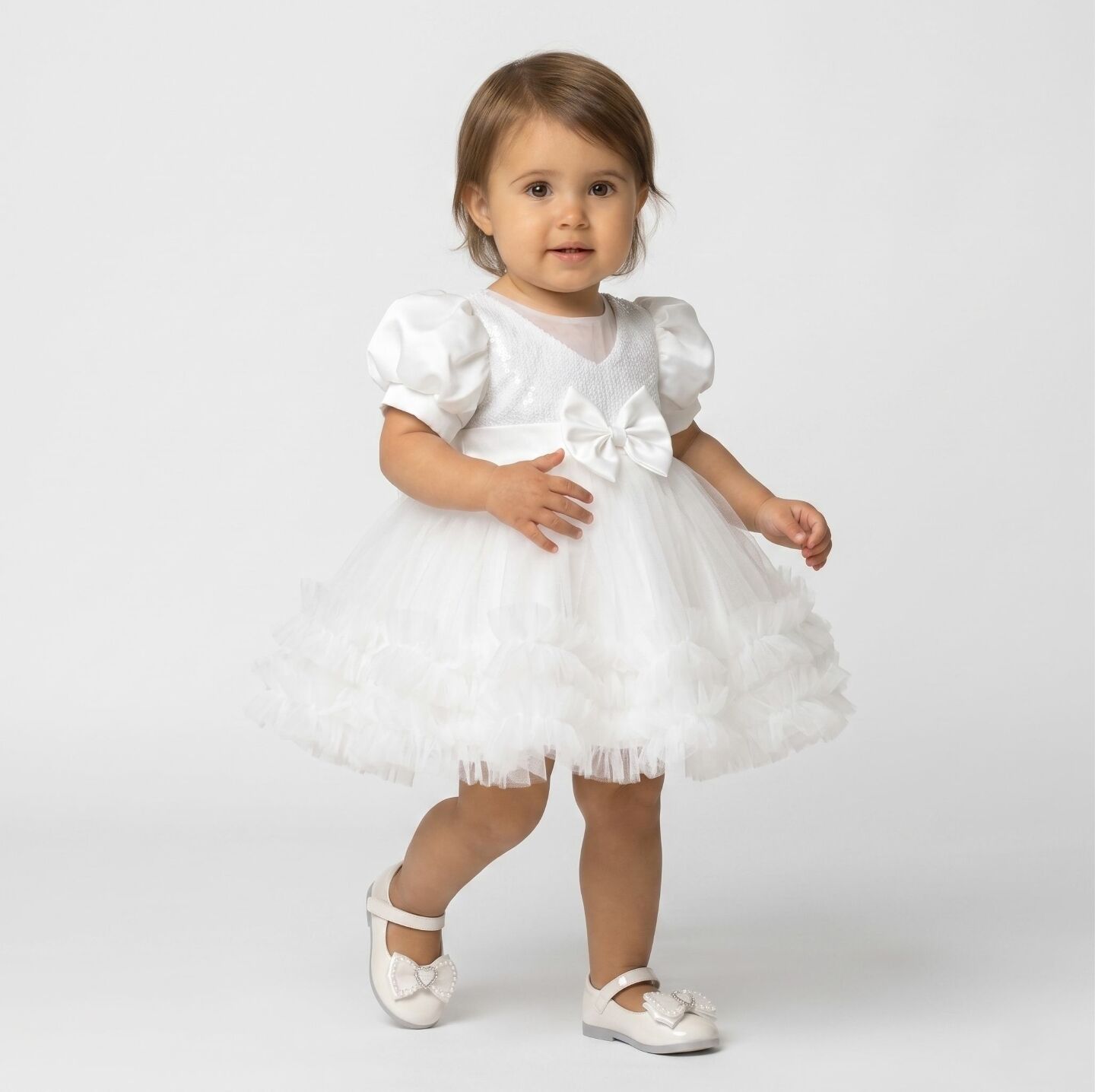 JoJo White Sequin Puff Sleeve Ruffle Tulle Baby Christening Dress | Lucys
