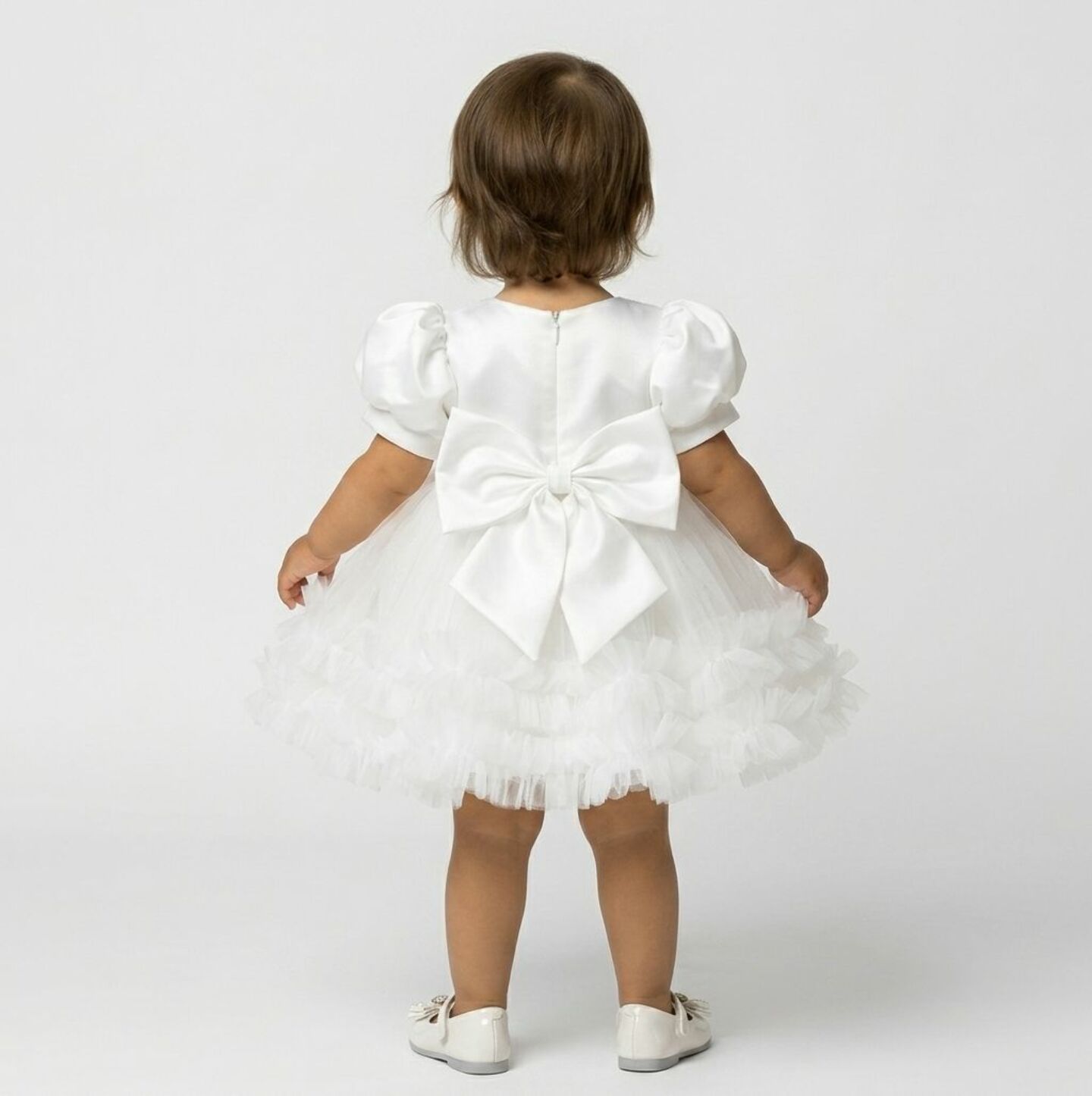 JoJo White Sequin Puff Sleeve Ruffle Tulle Baby Christening Dress | Lucys