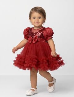 JoJo Burgundy Sequin Puff Sleeve Ruffle Tulle Baby Party Dress | Lucys