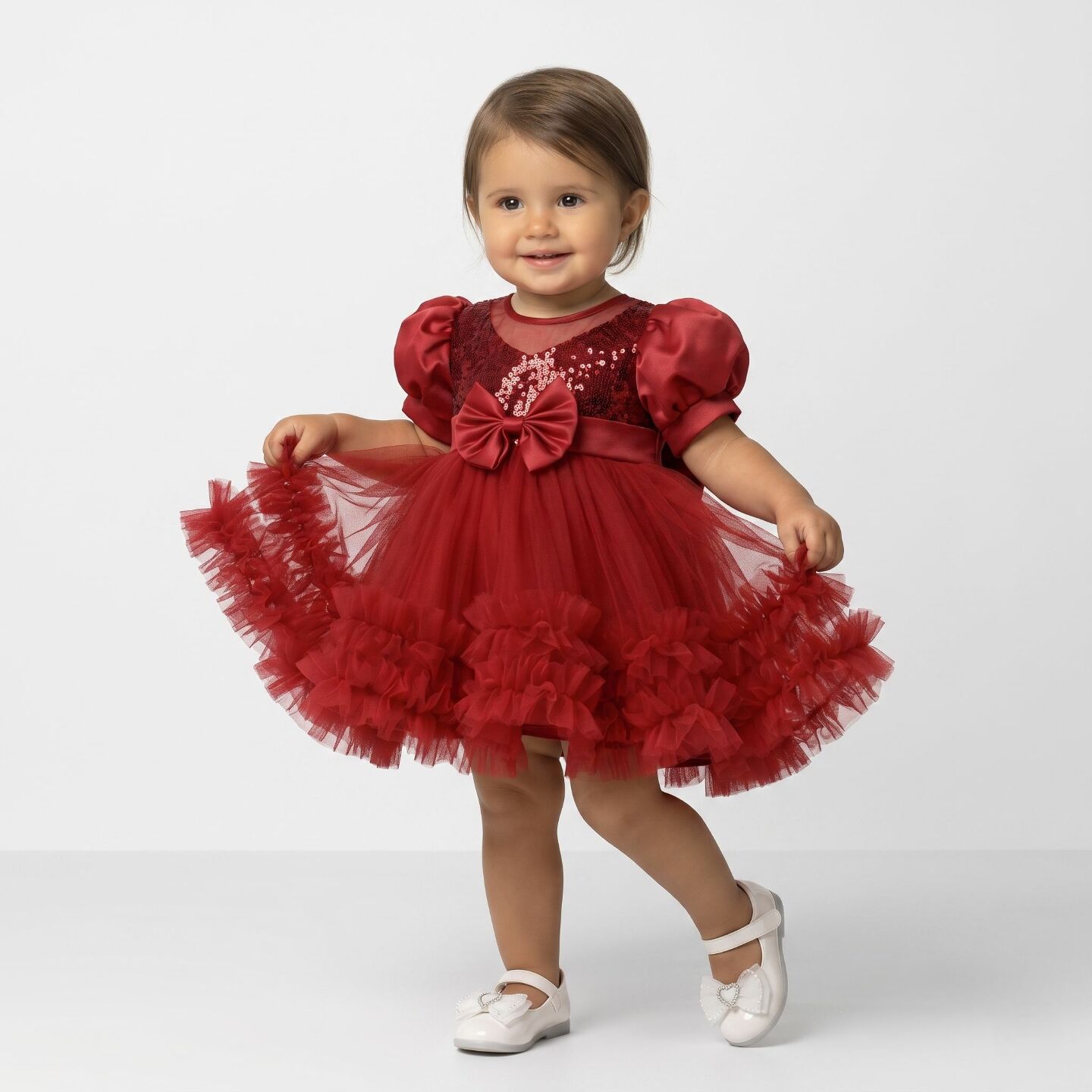 JoJo Burgundy Sequin Puff Sleeve Ruffle Tulle Baby Party Dress | Lucys