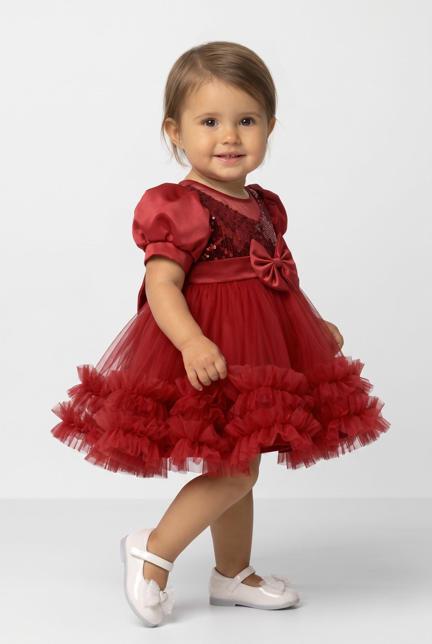 JoJo Burgundy Sequin Puff Sleeve Ruffle Tulle Baby Party Dress | Lucys