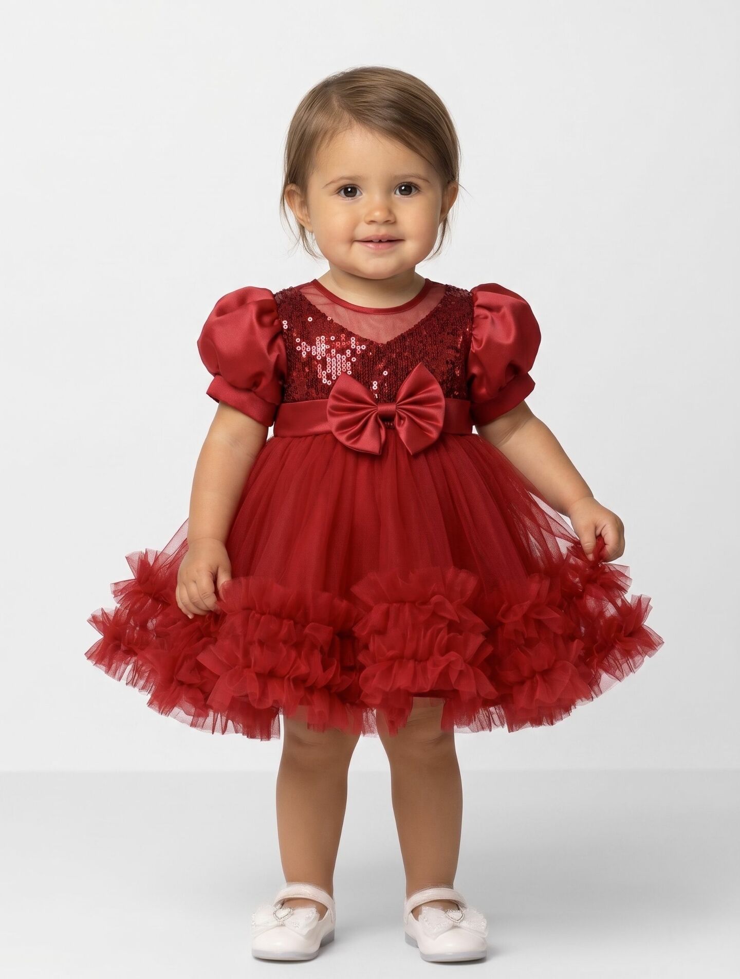 JoJo Burgundy Sequin Puff Sleeve Ruffle Tulle Baby Party Dress | Lucys