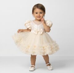 JoJo Champagne Sequin Puff Sleeve Ruffle Tulle Baby Party Dress | Lucys