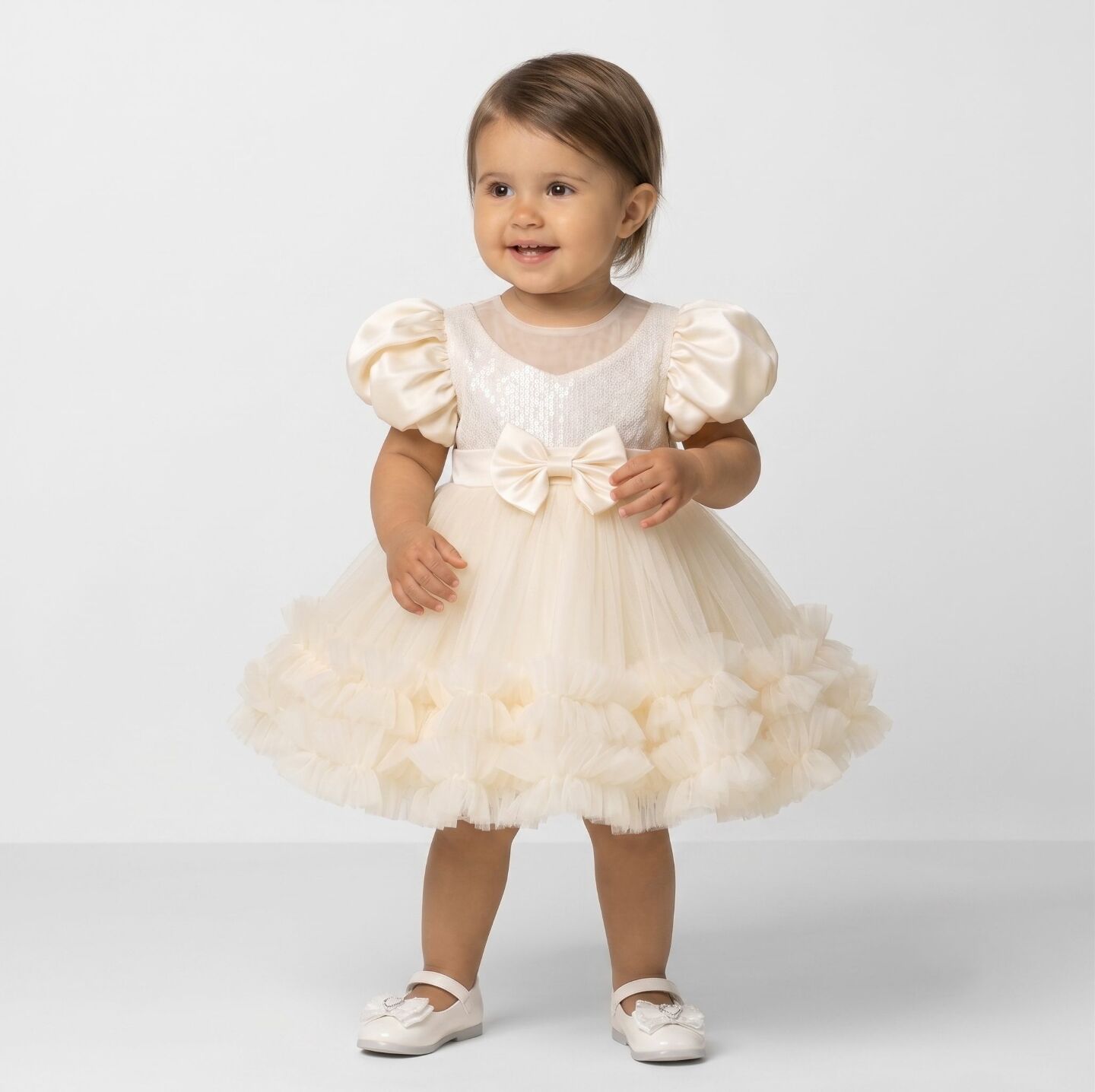 JoJo Champagne Sequin Puff Sleeve Ruffle Tulle Baby Party Dress | Lucys