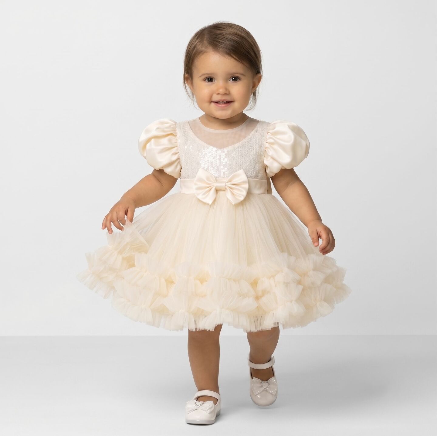 JoJo Champagne Sequin Puff Sleeve Ruffle Tulle Baby Party Dress | Lucys