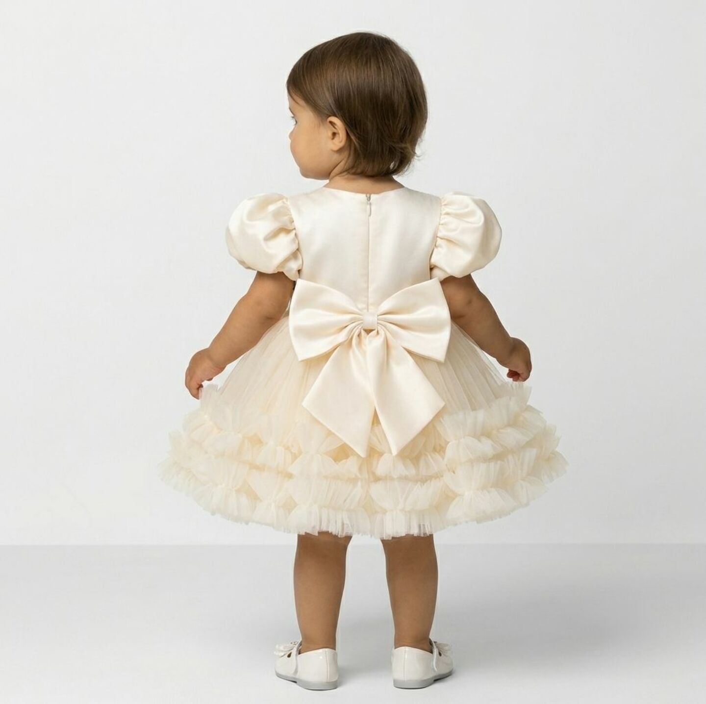 JoJo Champagne Sequin Puff Sleeve Ruffle Tulle Baby Party Dress | Lucys