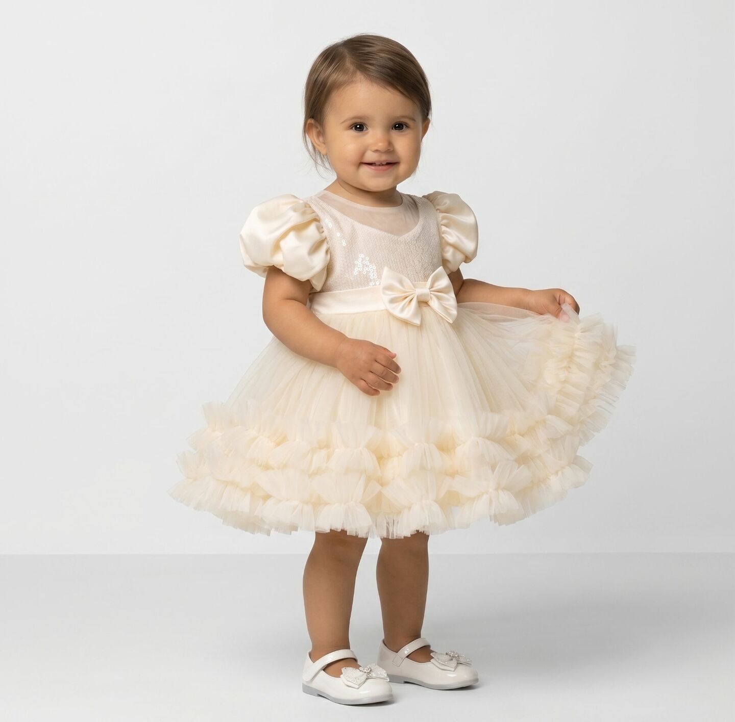 JoJo Champagne Sequin Puff Sleeve Ruffle Tulle Baby Party Dress | Lucys
