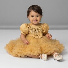 JoJo Gold Sequin Puff Sleeve Ruffle Tulle Baby Party Dress | Lucys
