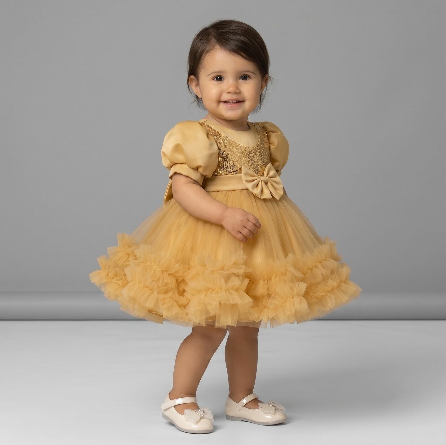 JoJo Gold Sequin Puff Sleeve Ruffle Tulle Baby Party Dress | Lucys