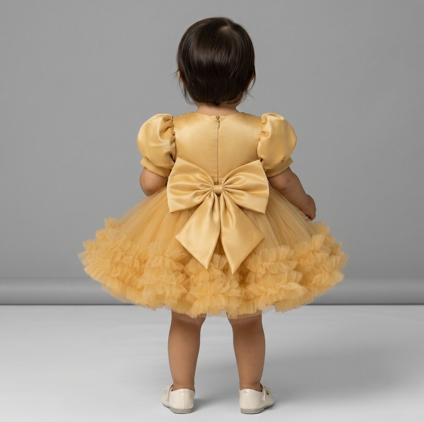 JoJo Gold Sequin Puff Sleeve Ruffle Tulle Baby Party Dress | Lucys