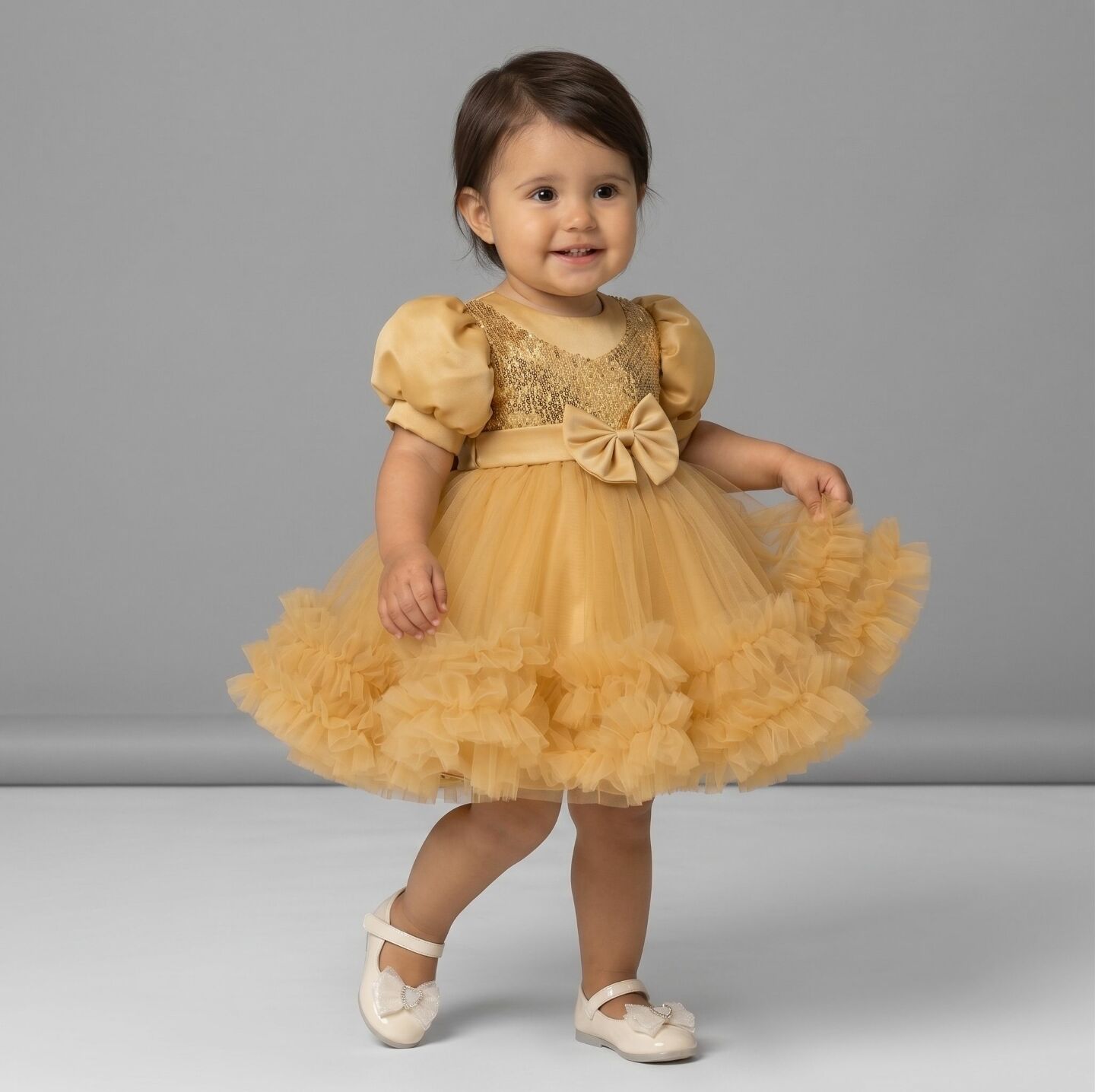 JoJo Gold Sequin Puff Sleeve Ruffle Tulle Baby Party Dress | Lucys