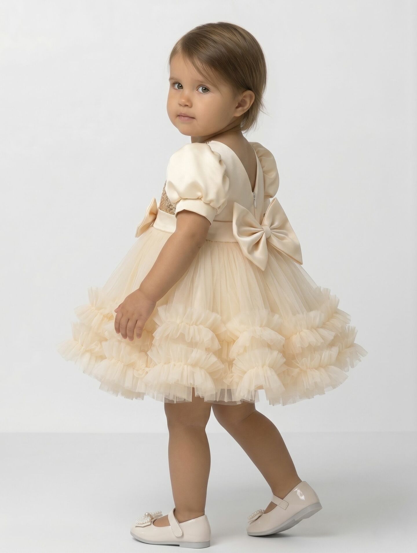 JoJo II Champagne Sequin Puff Sleeve Ruffle Tulle Baby Party Dress | Lucys