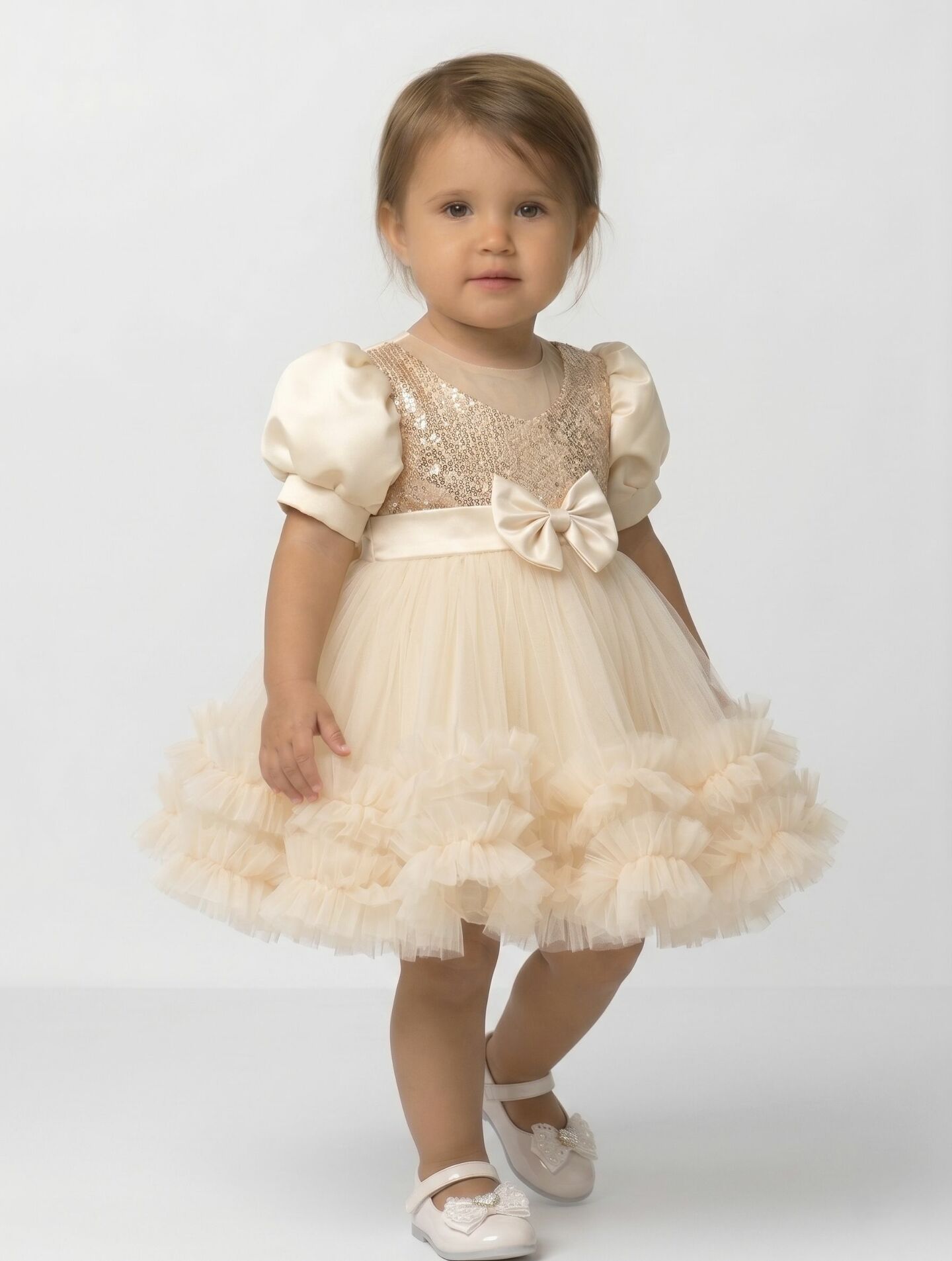 JoJo II Champagne Sequin Puff Sleeve Ruffle Tulle Baby Party Dress | Lucys