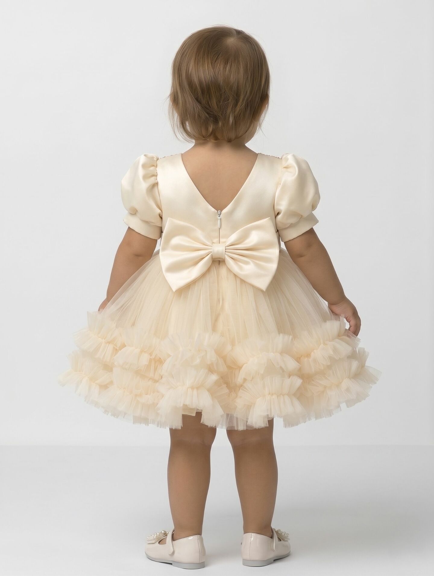 JoJo II Champagne Sequin Puff Sleeve Ruffle Tulle Baby Party Dress | Lucys
