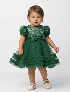 JoJo II Forest Green Sequin Puff Sleeve Ruffle Tulle Baby Party Dress | Lucys