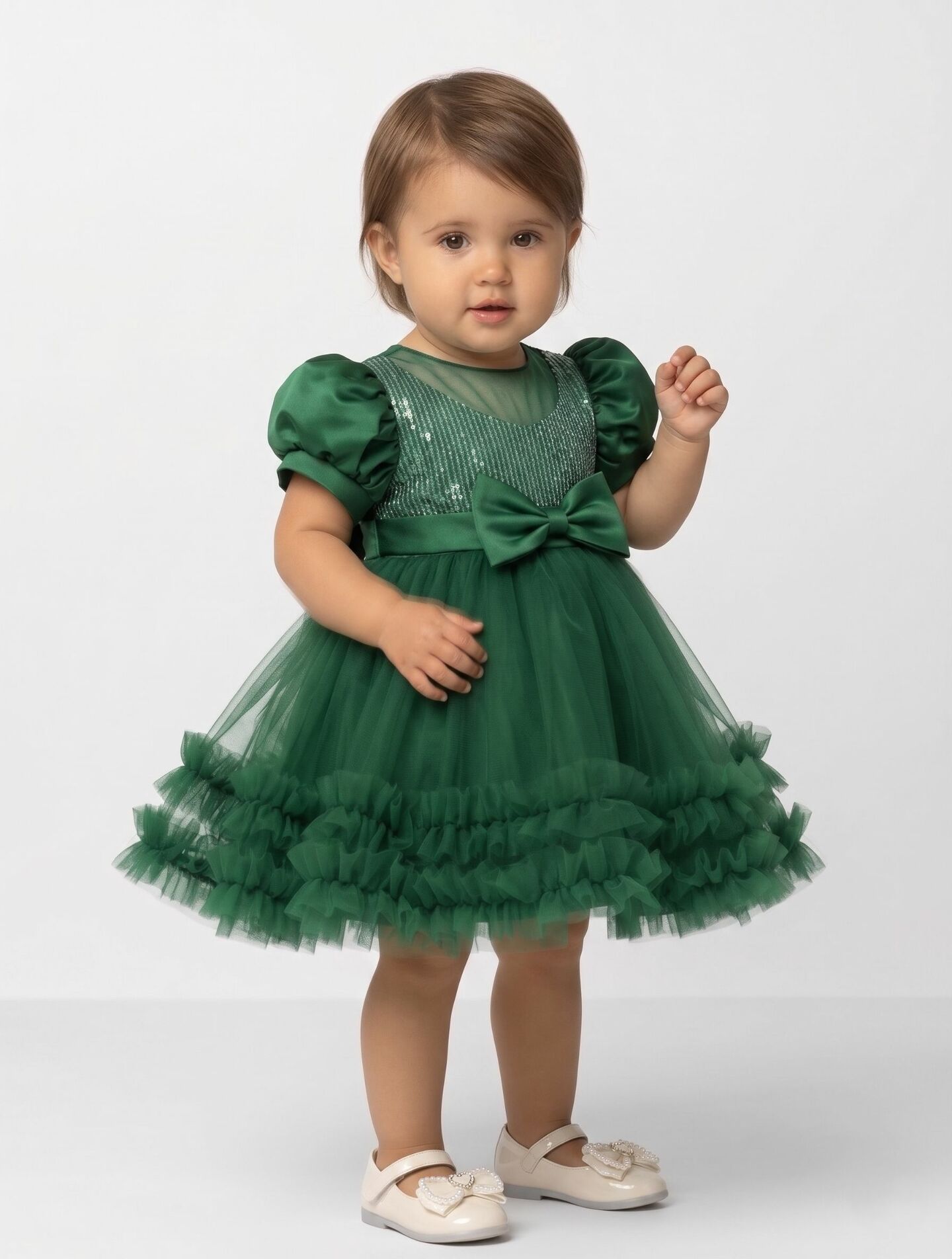 JoJo II Forest Green Sequin Puff Sleeve Ruffle Tulle Baby Party Dress | Lucys