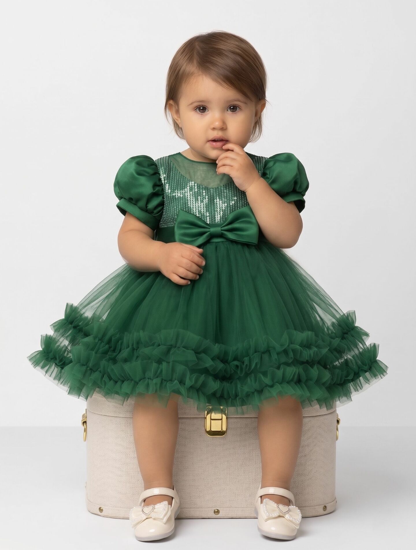 JoJo II Forest Green Sequin Puff Sleeve Ruffle Tulle Baby Party Dress | Lucys