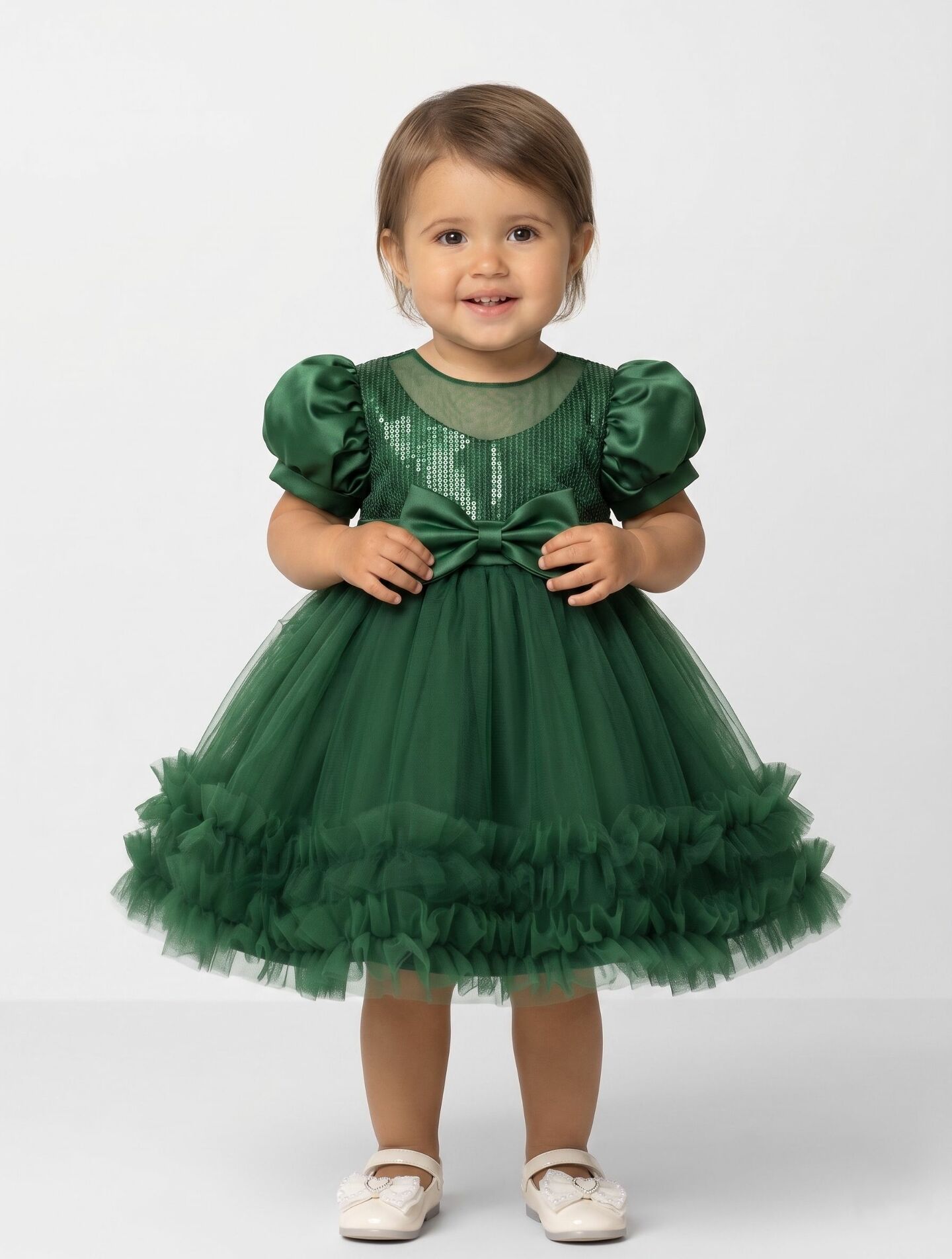 JoJo II Forest Green Sequin Puff Sleeve Ruffle Tulle Baby Party Dress | Lucys
